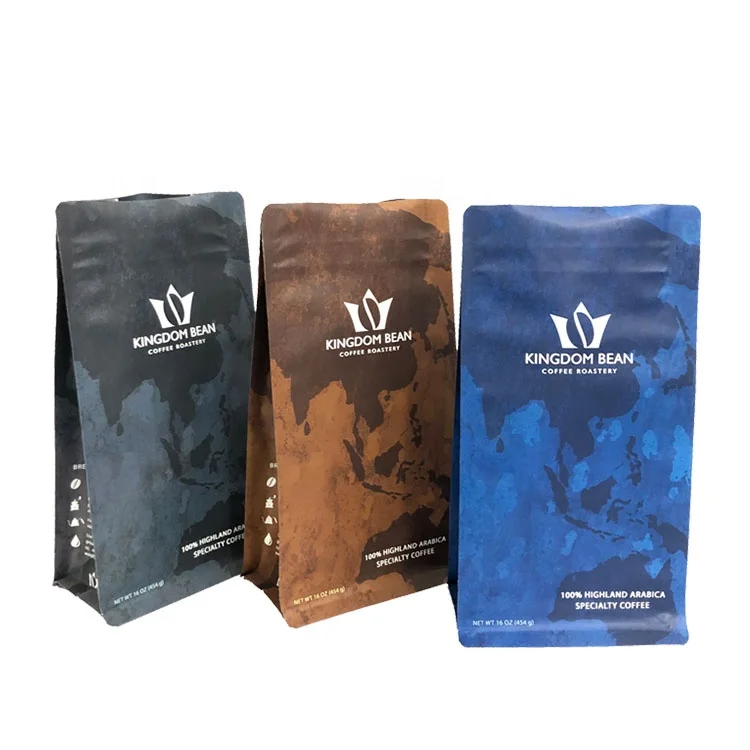 custom flat bottom coffee bean bag packaging kraft coffee bag kraft paper black coffee bag with valve
