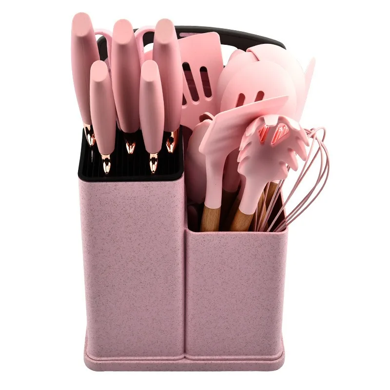 New Arrival Silicone Kitchen Utensils Set 19-piece Knife Combination Set Storage Multicoloured Knife Holder Shelf Sustainable