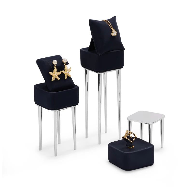 FANXI New arrival luxury Navy blue Microfiber Display stands for ring earring pendant Metal holder Jewelry showcase display sets