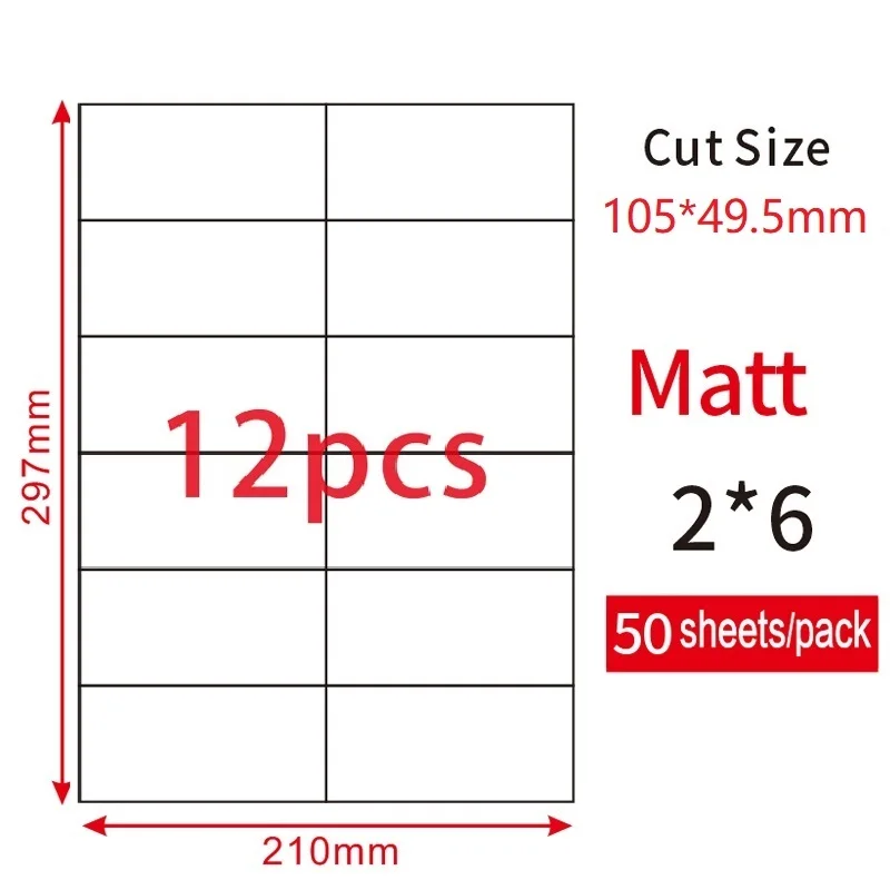 Самоклеящаяся бумага, А4 Этикетка, 12 белых наклеек, 50 листов, 600 адресных этикеток, 2x6