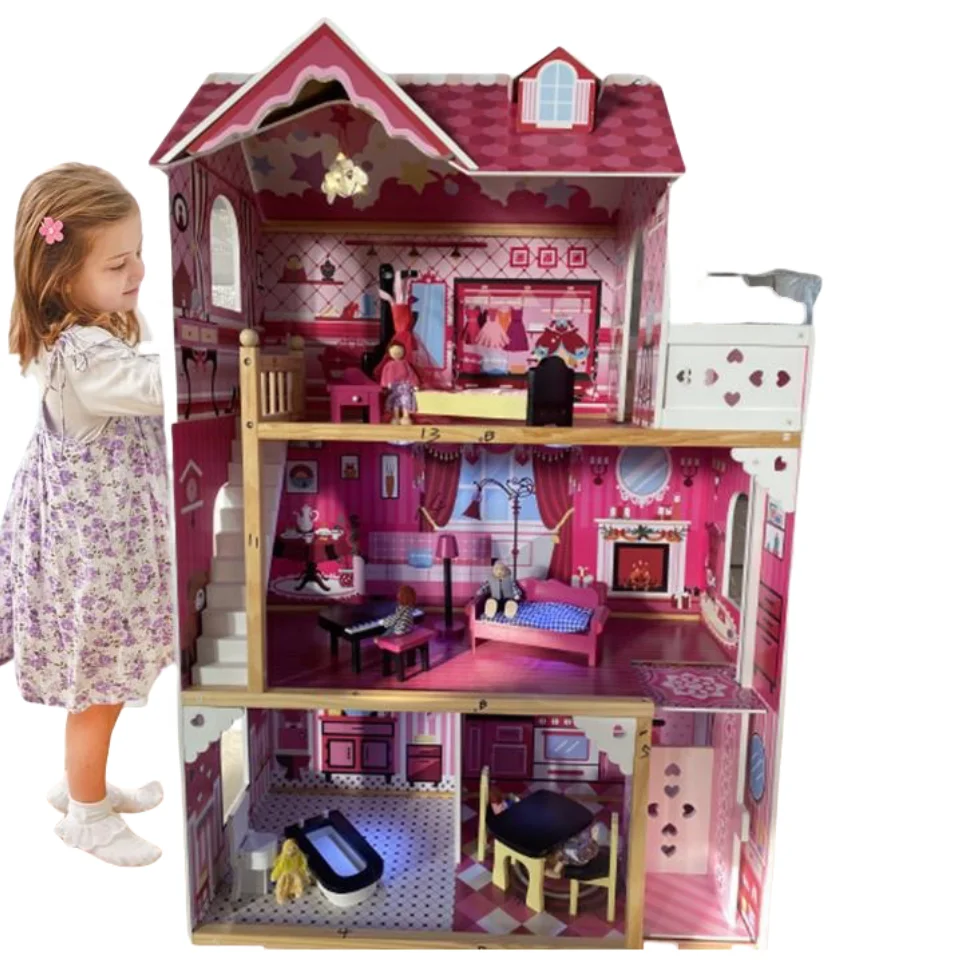Wooden Furniture Toys For Baby Kids Wood Crafts DIY doll house with Elevator Balcony and 17 Accessories Gift for Ages 3+