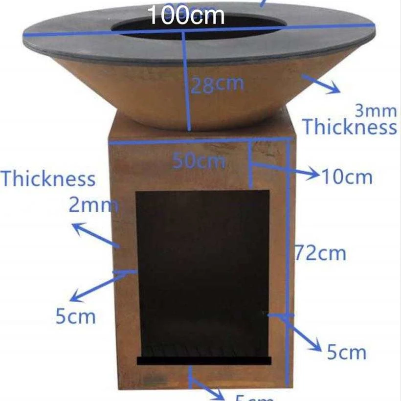 100cm Diameter Fire Pit Bowl with BBQ Top Plate and Wood Storage for Outdoor BBQ and Wood Burning