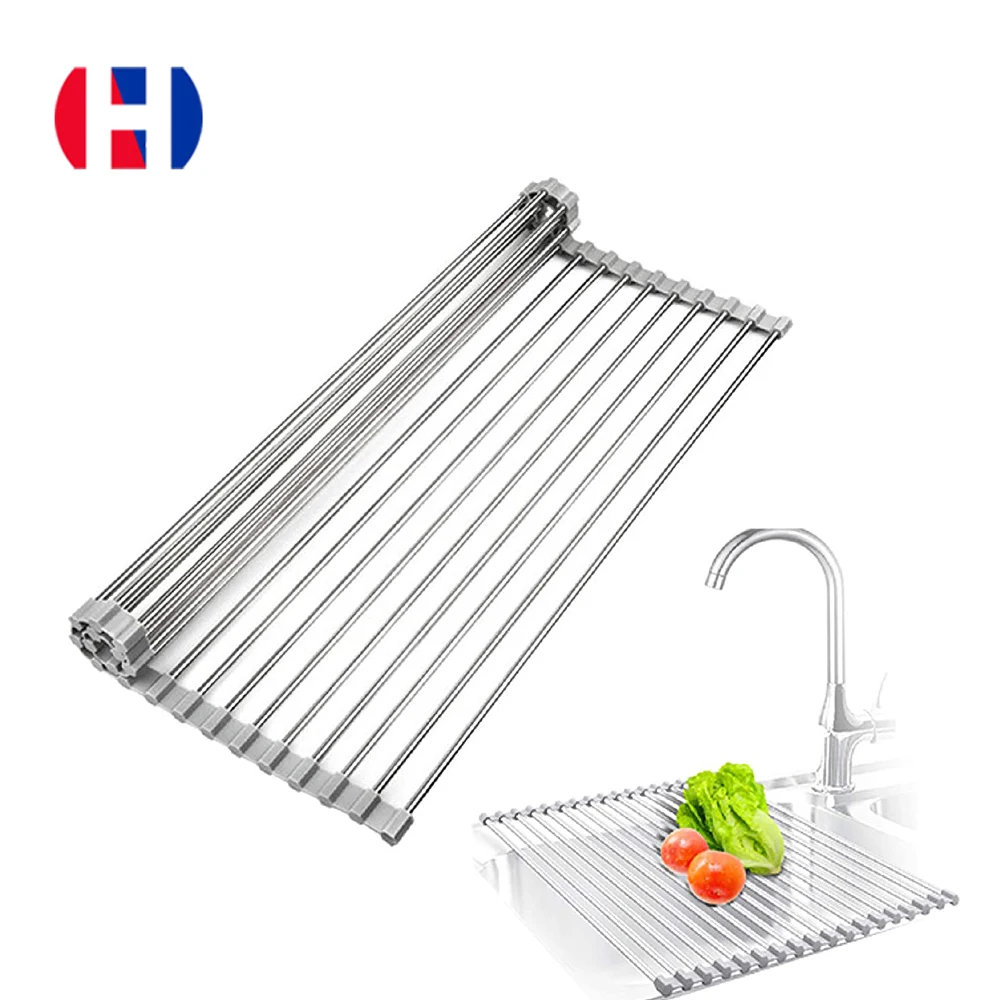 
New Designs Folding Silicone Stainless Steel Roll up Dish Drying Rack Gadget Tool for Kitchen 