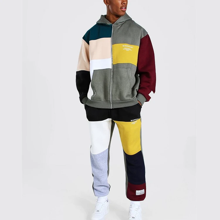 
Custom New Fashion 50% Cotton 50% Polyester Soft Touch Plus Size Man Spliced Spring Autumn And Winter Color Matching Tracksuit 