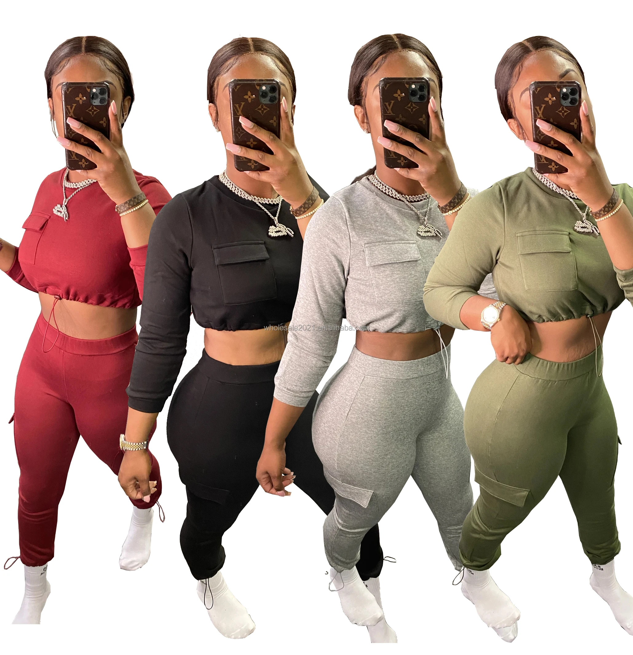 
2021 New Arrival Hot Sale Women Spring Fashion High Quality Casual Pocket Drawstring Round Collar Suit Two Piece Set Wholesale 