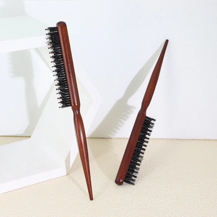 Custom Logo Wood Handle Teasing Hair Brush Salon Hairstyling Comb 3 Rows Nylon Bristles Teasing Hair Brush
