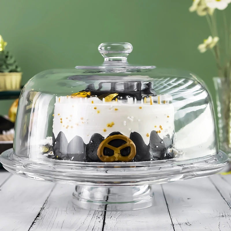 Wholesale Customize Glass Dome Cake Plate with Cover Wooden Glass Cake Stand with Glass Dome