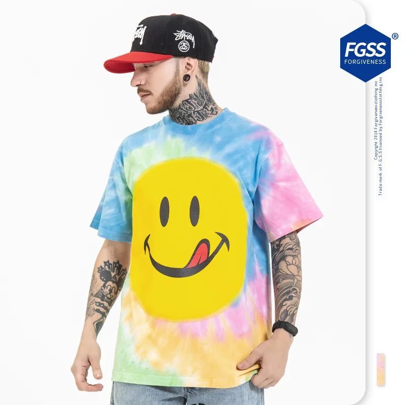 Hot sales 2021 new styles fashion brand smiley printed cotton 210GSM loose INS tie-dye short sleeve T shirt for men
