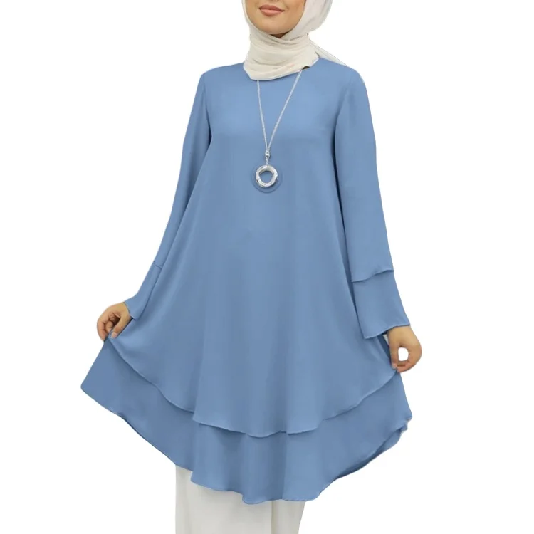 New two-layer design shirt round neck Solid color elegant Holiday party top Turkish Malay Indonesian Muslim Toga robe abaya