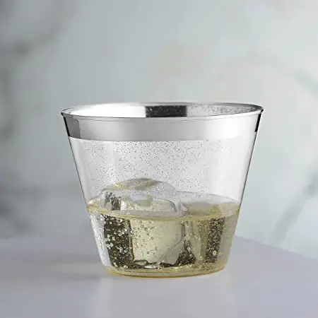 Disposable 9 oz Color Rim with Glitter Plastic Cups Hard Plastic  gold / rose/gold/silver rim with colorful glitter