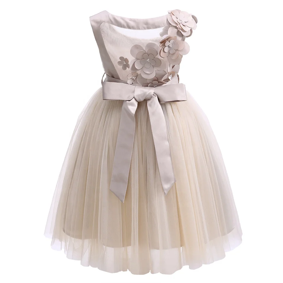 Pettigirl Sleeveless Khaki Girl Holiday Dresses 3D Floral Appliques Soft Tulle Flower Girl Dress Princess Dress Up Clothes