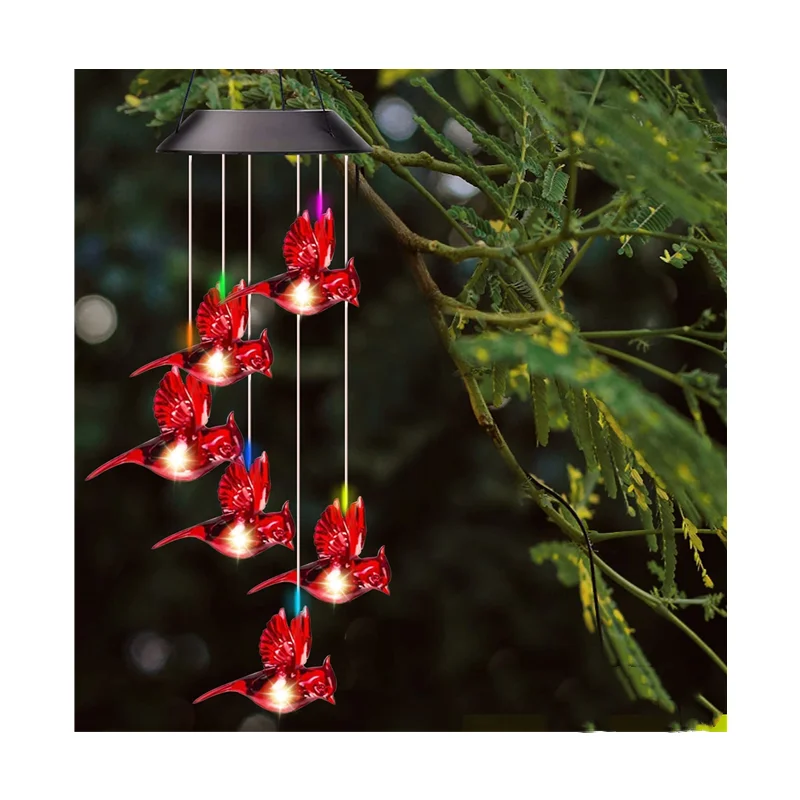 Mobile Portable Waterproof Outdoor LED Color Changing Spinner Garden Solar Red Cardinal Bird Wind Chime Light for Patio Yard