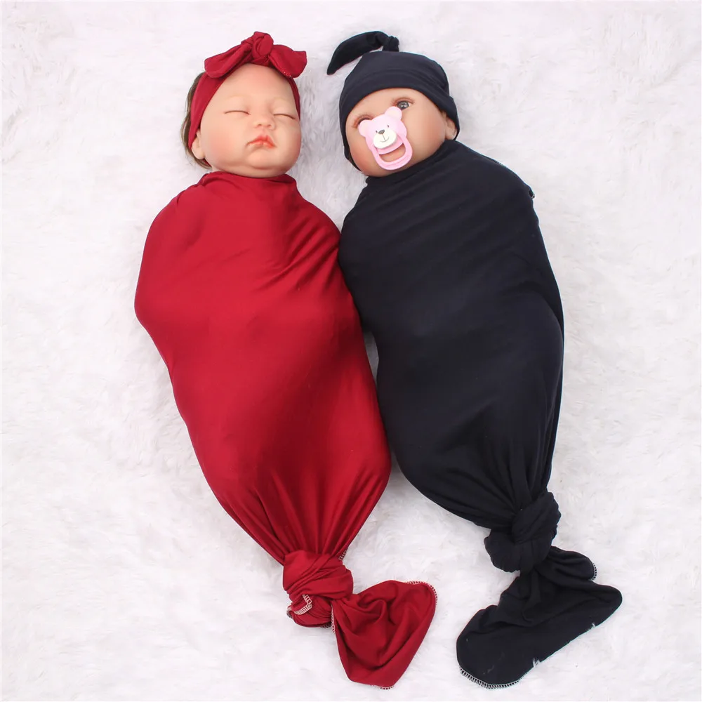 Wholesale Price Newborn baby blanket 3pcs set plain color soft cotton baby beanies breathable newborn baby headband