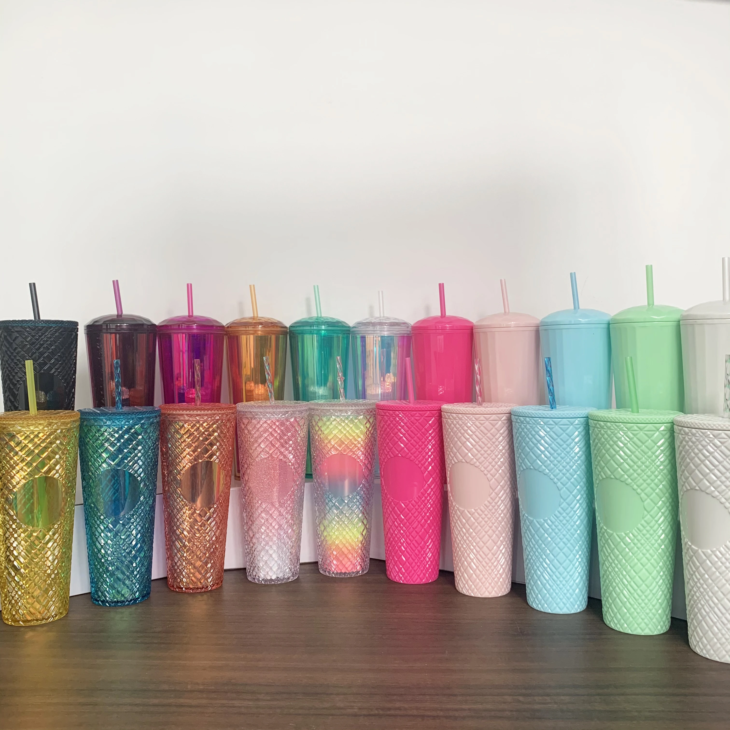 2022 Amazon Hot Selling colorful Series Plastic BPA Free 16oz/24oz Double Wall Jeweled Coffee Tumbler Cup with Straw and Lid