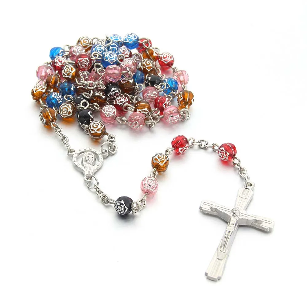 LC202403181 Wholesale Catholic  Rosary Necklace  Religion Prayer Plastic Bead Cross Rosary Necklace Catholicism