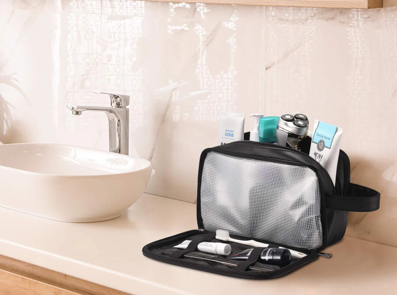 Custom Logo Black Pu Leather Cosmetic Bag Men Handle Razor Shaver Storage Makeup Organizer Portable Travel
