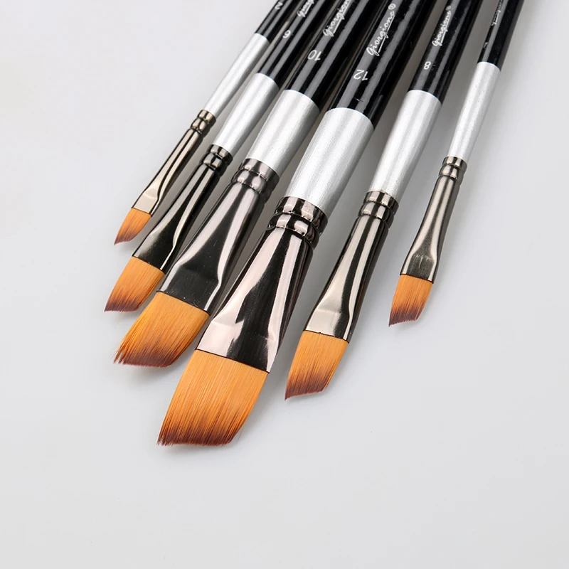 Giorgione 6 Pieces Angular Shape Nylon Hair Copper Ferrule Black Tip Wooden Handle Paintbrush set