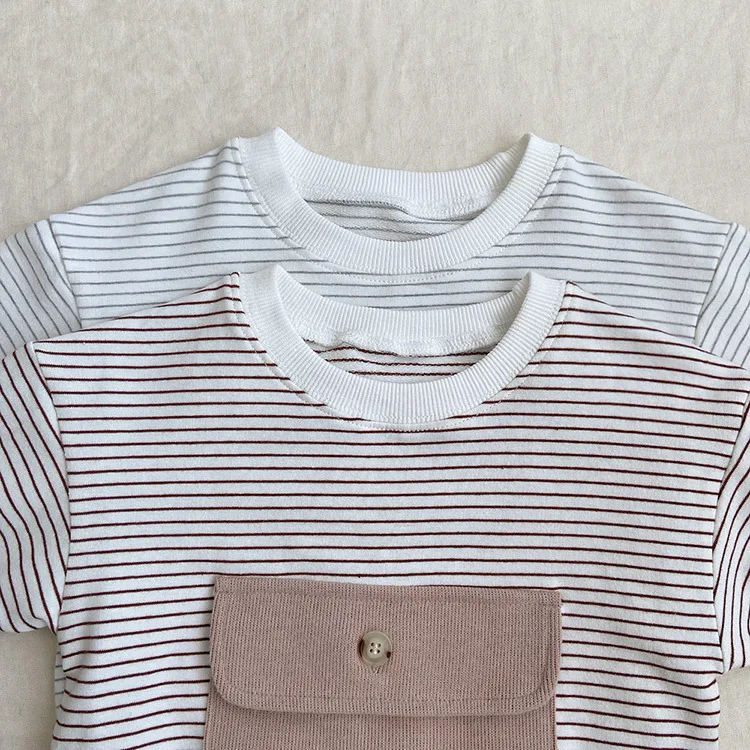 Korean Style Cotton Soft Fabric Striped Baby Rompers Pocket Design Children Fall Clothes