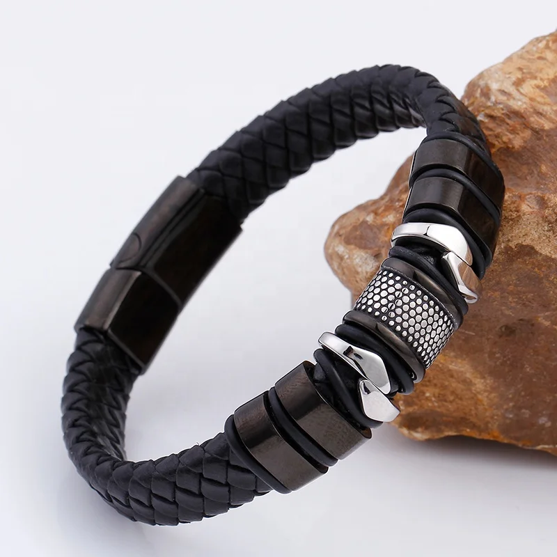 High Quality Black Magnetic Clasp Braided Leather Men Bracelet Stainless Steel Jewelry