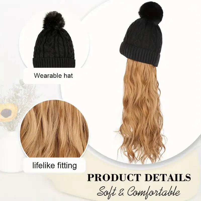 Beanie Hat With Long Wavy Curly Hair Extensions Knit Beanie Winter Warm Hat Synthetic Wig Detachable Hairpiece Warm Pom