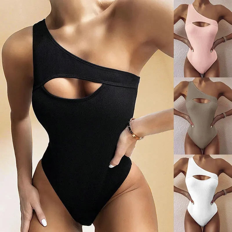 wholesale swimwear manufacturing 2022 summer solid color slash neck swimwear sexy bikinis women swimsuit one piece bathing suits