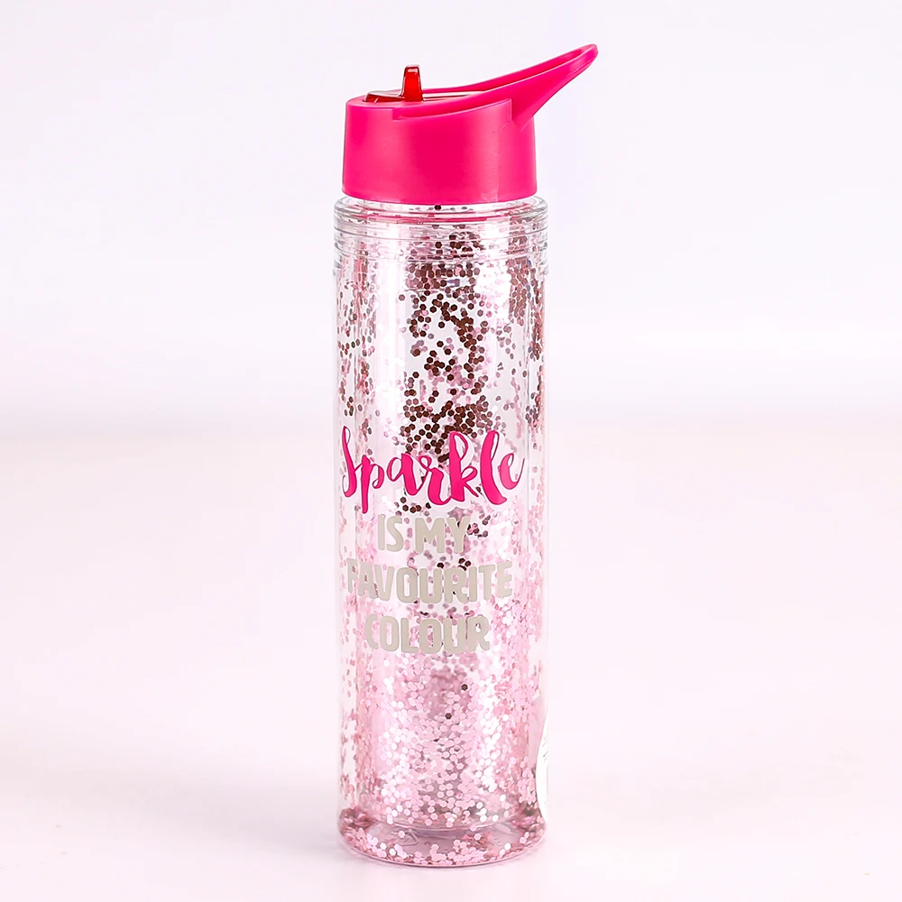 bpa free 20oz custom logo plastic  glitter sipper  water bottle double wall with straw