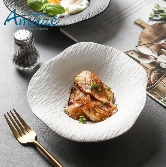 Northern europe irregular deep stoneware dinnerware white porcelain platter ceramic dinner restaurant plate for wedding