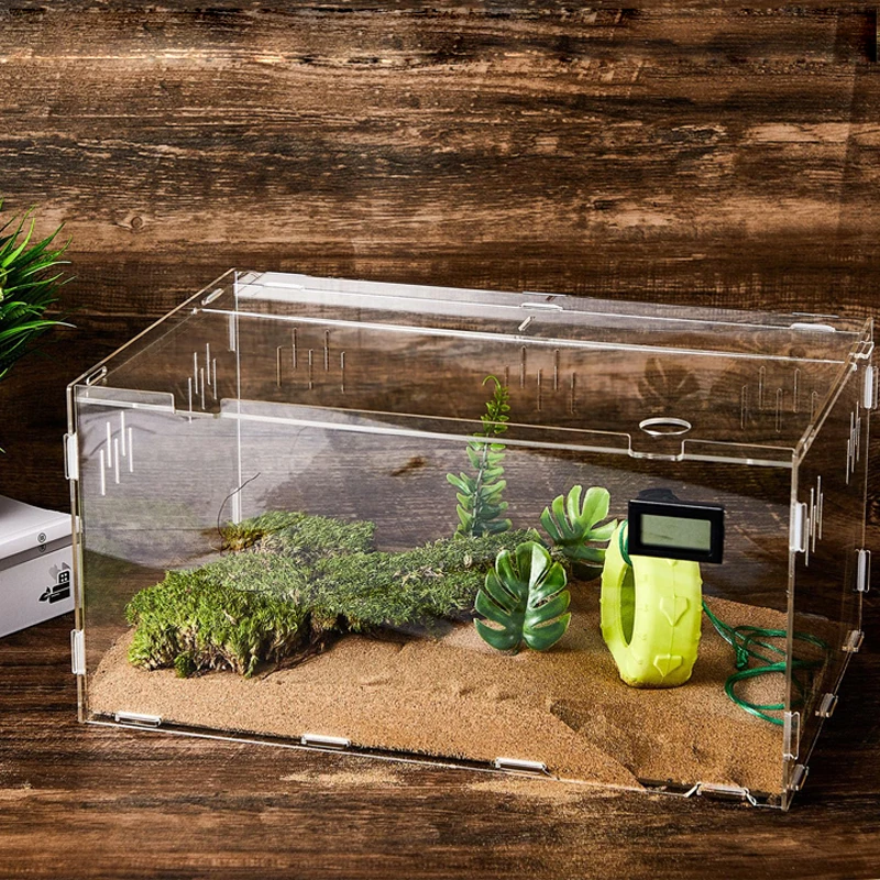 Acrylic Reptile Terrariums Tarantula Enclosure Hermit Crab Tank Cage Jumping Spider Breeding Box with Temperature Hygrometer