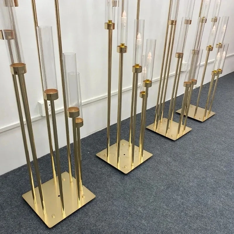 Wholesale 8 10 Arms Glass/Pvc Tube Candle Holder Wedding Decoration Gold Metal Candelabra Centerpiece