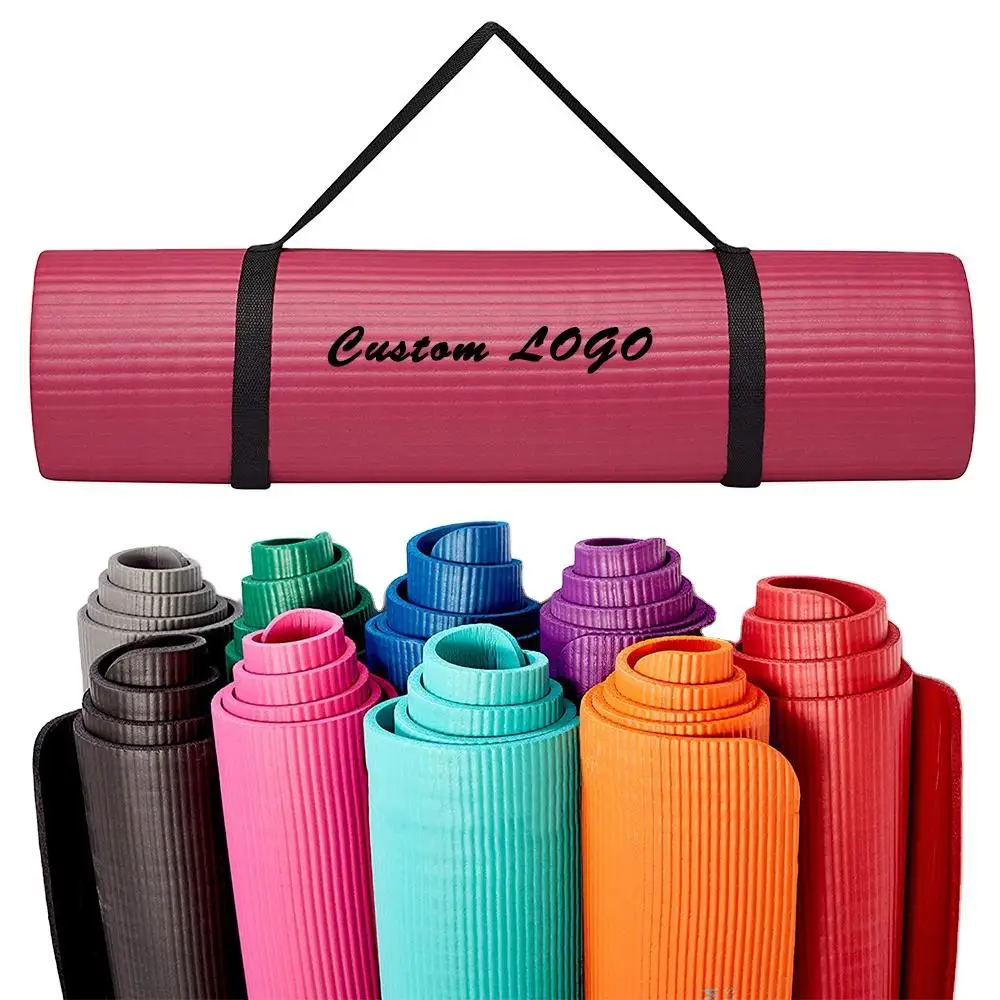 Wholesale Cheap GYM Exercise Fitness Mats Custom Logo Eco Travel 10mm Waterproof NBR Yoga Mat with strap