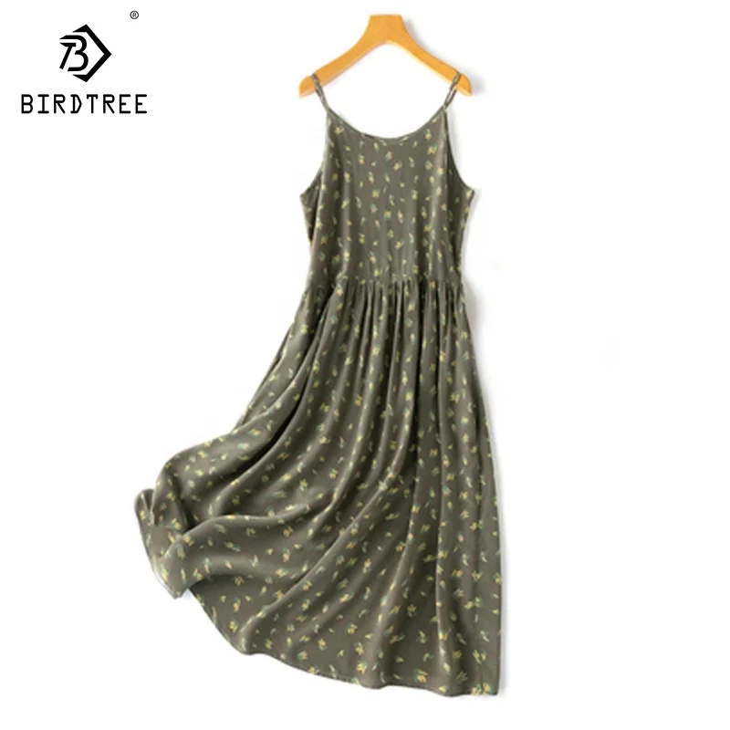 Wholesale 100% Silk Women Dresses Printed Spaghetti Slim Waist Sleeveless Beach Midi Dress 2023 Summer Holiday Clothes D35754C