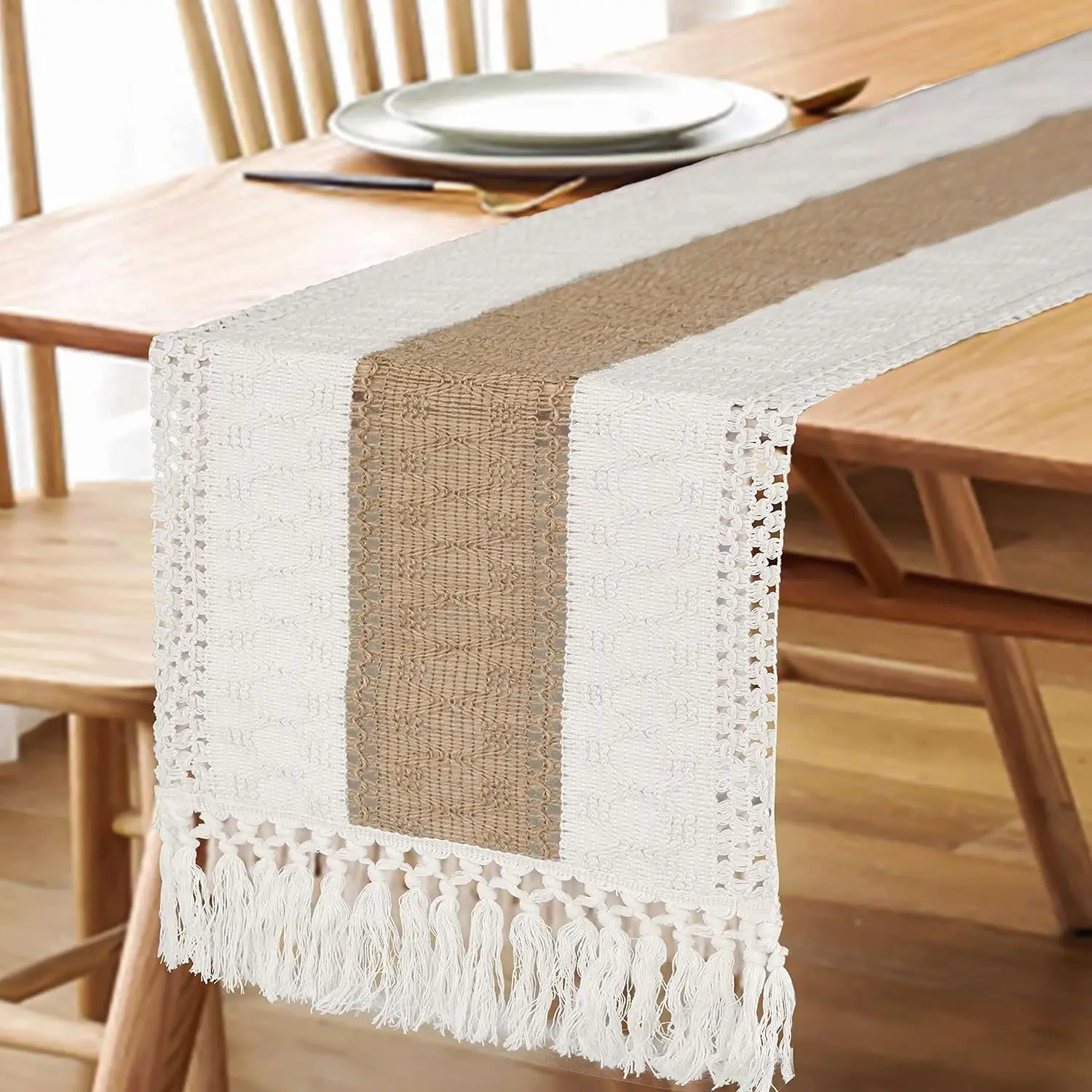 Special offer AMZ hot sale Bohemian cotton linen natural rustic woven farmhouse macrame fringe splicing home decor table runner
