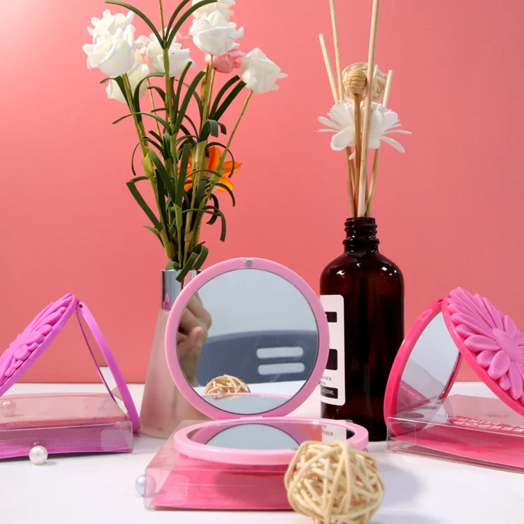 Best Personalised Fashionable small Black Round Plastic Magnifying Foldable Flower Handheld make up Compact Mirror