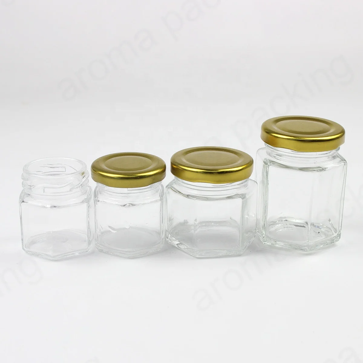 Wholesale 30ml 50ml 60ml Clear Glass Storage Jar Hexagon Kitchen Glass Bottle Round Glass Honey Jar  With Gold Lids