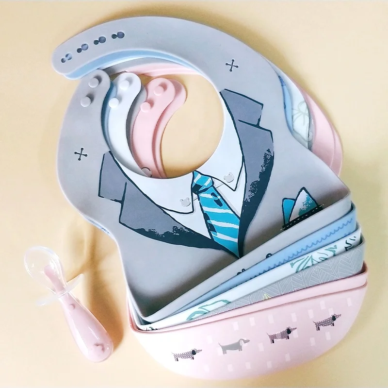 Printing Bpa Free Soft Feeding Custom Baberos De Pacifier Kids Silicona Waterproof Bib Silicone Baby Tableware Bib Set