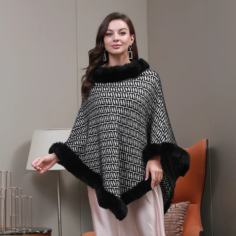 Fall And Winter Of Fashionfaux Fur Trim Cape Quality Fabric Fox Fur Trim Women Cape Coat Faux Cashmere Fur Shawl poncho shawl