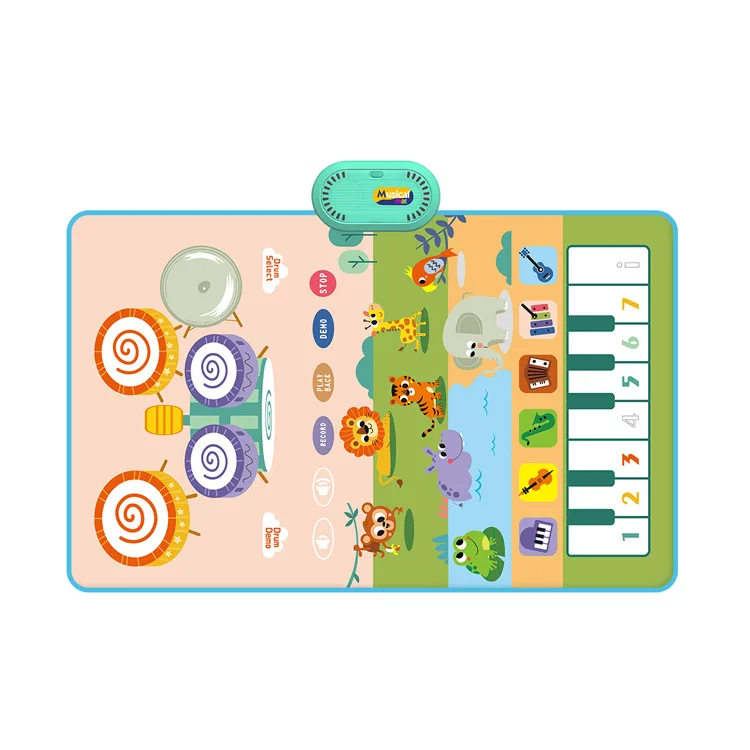 Musical Carpet Floor Mat for Toddlers Early Educational Piano & Drum Play with 2 Sticks Animal Touch Play Blanket Babies