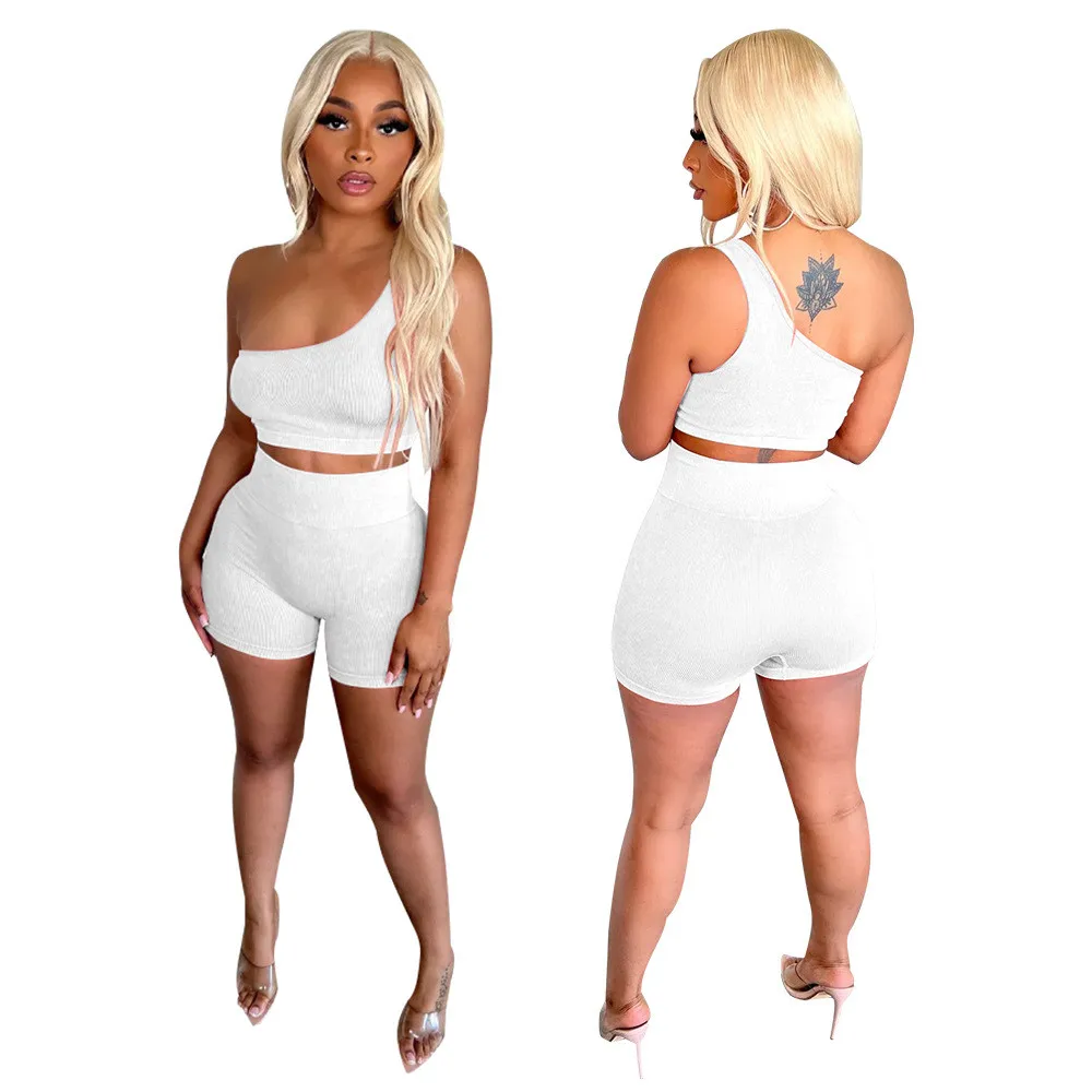 2023 New Ribbed Knit Shorts Set 2 Piece Set Women Sleeveless One-Shoulder Tops Shorts Sport Summer Biker Set