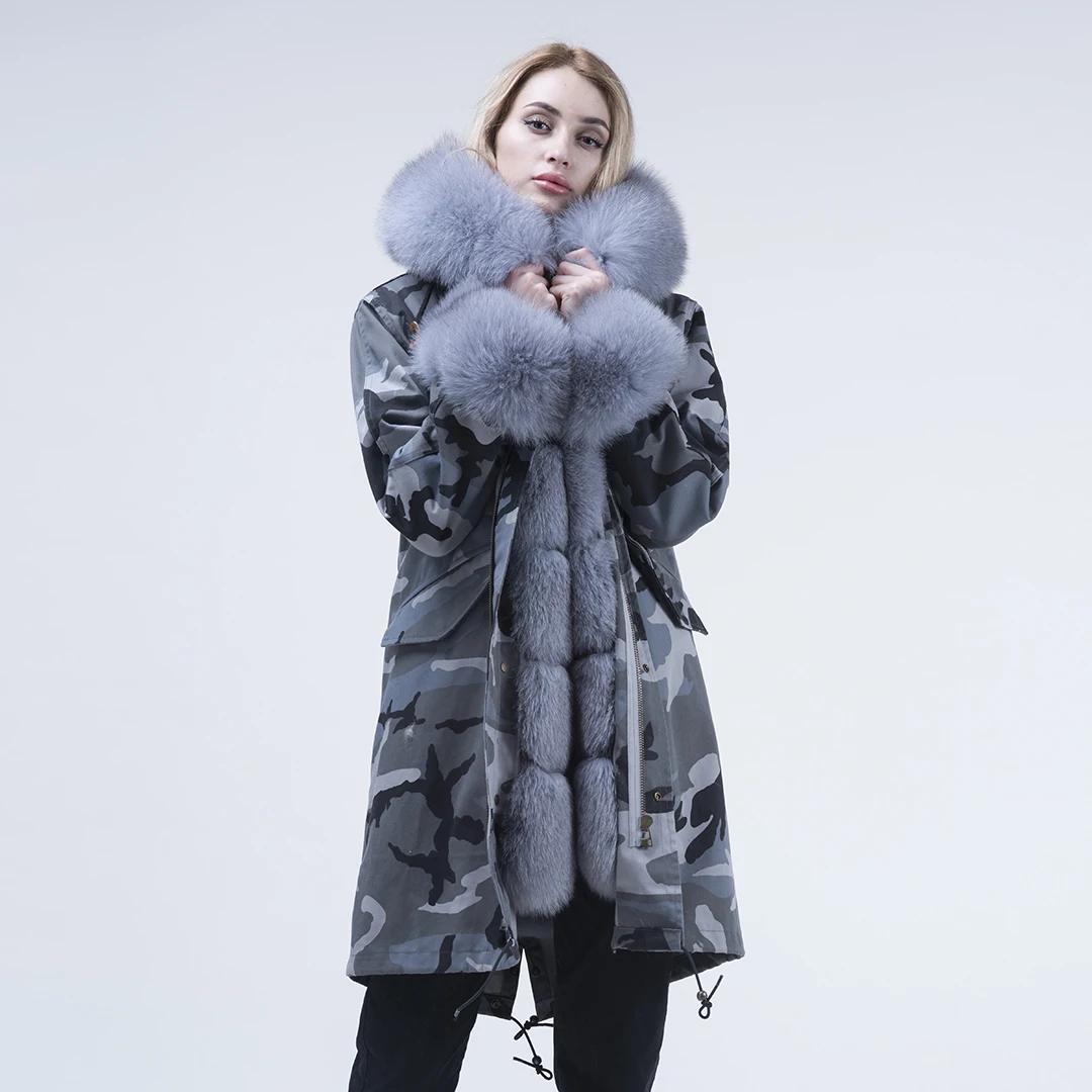 Winter Real Fox Fur Trim Fashion Camouflage Faux Fur Liner Long Hooded Women Fur Parka Coat