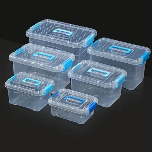 Plastic storage box with safety cover and buckle transparent durable stackable nested and organized household storage box