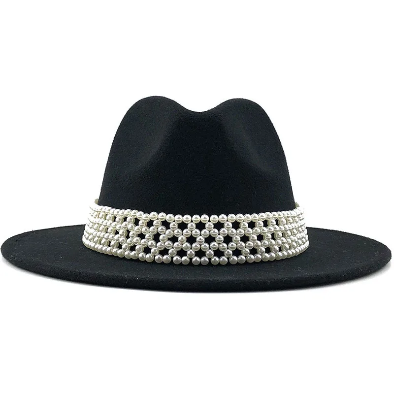 Wholesale Custom OEM Flat Brim Luxury Woolen Hat Cloche Pearl Belt Jazz Hat