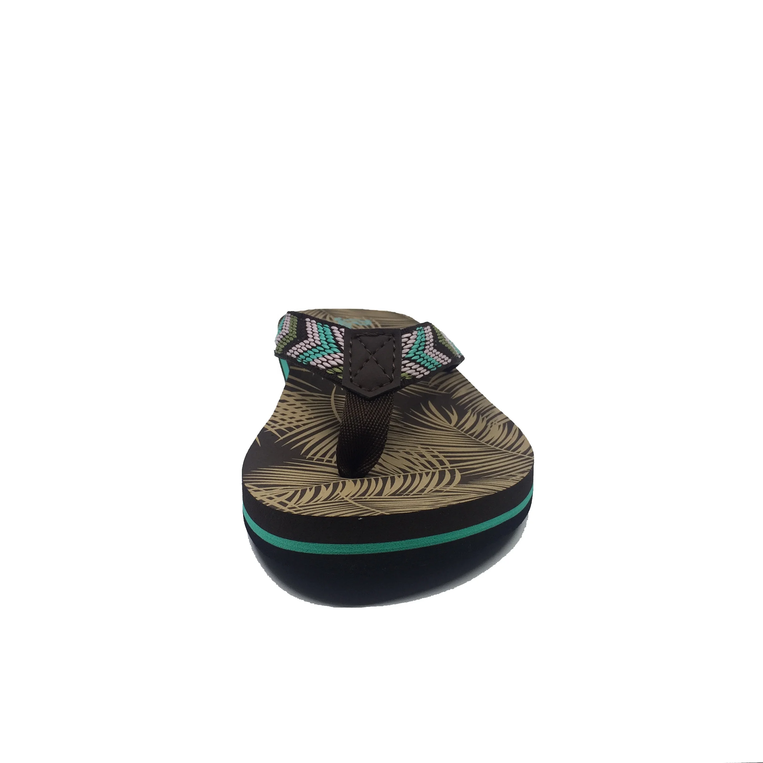 Double color webbing strap customized palm tree silk printed soft EVA sole sheet woman nude woman flip flops