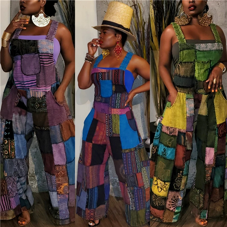 Hot Sale Ladies Suspender Trousers Printed Plus Size Loose Wide Leg Women Overalls Bohemian Pants