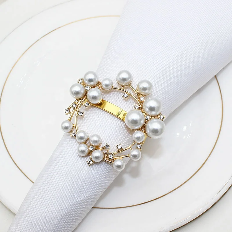 Newest Gold Wreath Napkin Rings Metal Rhinestone Pearl Napkin Ring Holder Flower Napkin Rings Weddings HWP45