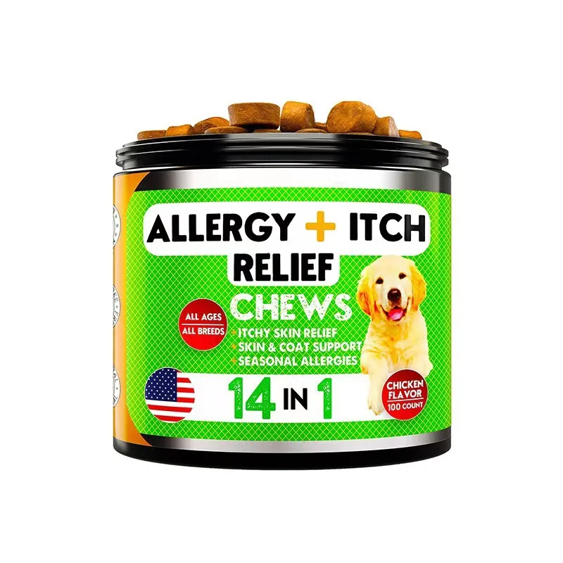 Dog allergy relief chewable tablet relieve dog itch Omega 3 fish oil probiotics skin itch support dog allergy supplement chewing