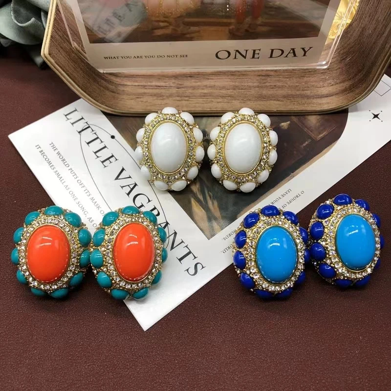 vintage luxury retro women stud earrings court styles colorful stone ear rings and clip earrings without piercing