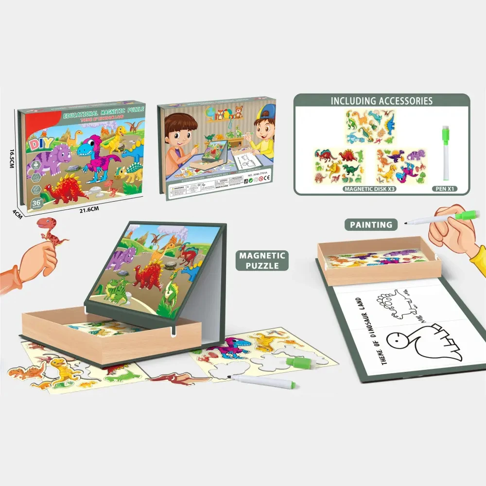 Kids Educational Magnetic Puzzle Toy Kit Baby Enlightenment Drawing Board Puzzle Game Toy DIY Assemble Dinosaur Series Toys
