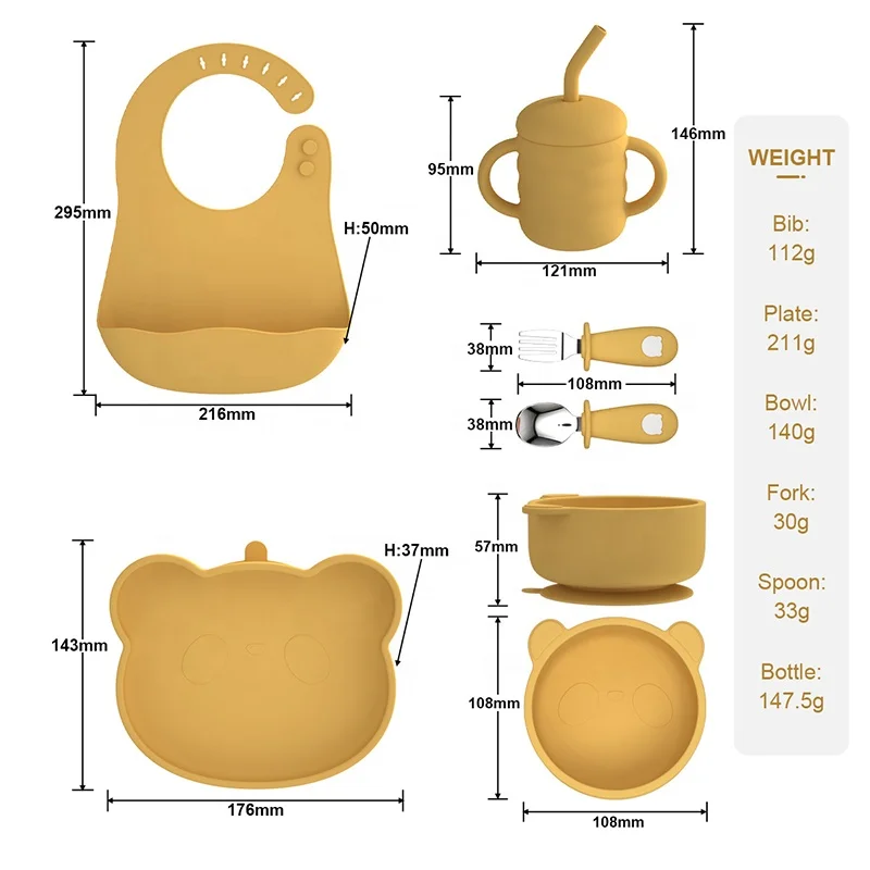 BPA Free Kids Tableware Silicone Feeding Set Supplies Silicone Bib Spoon Suction Unspillable Bowl Baby