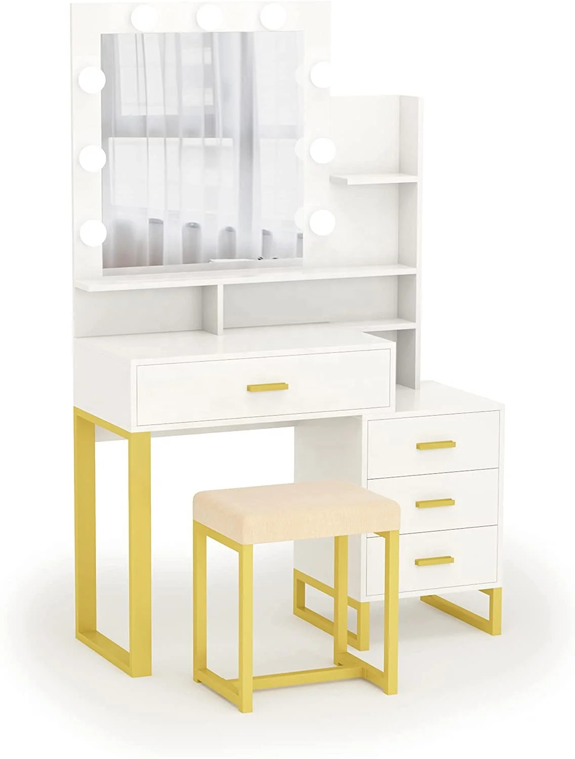 Dressing table with illuminating mirror, makeup dressing table with LED lamp, drawer, storage rack and upholstered stool, small