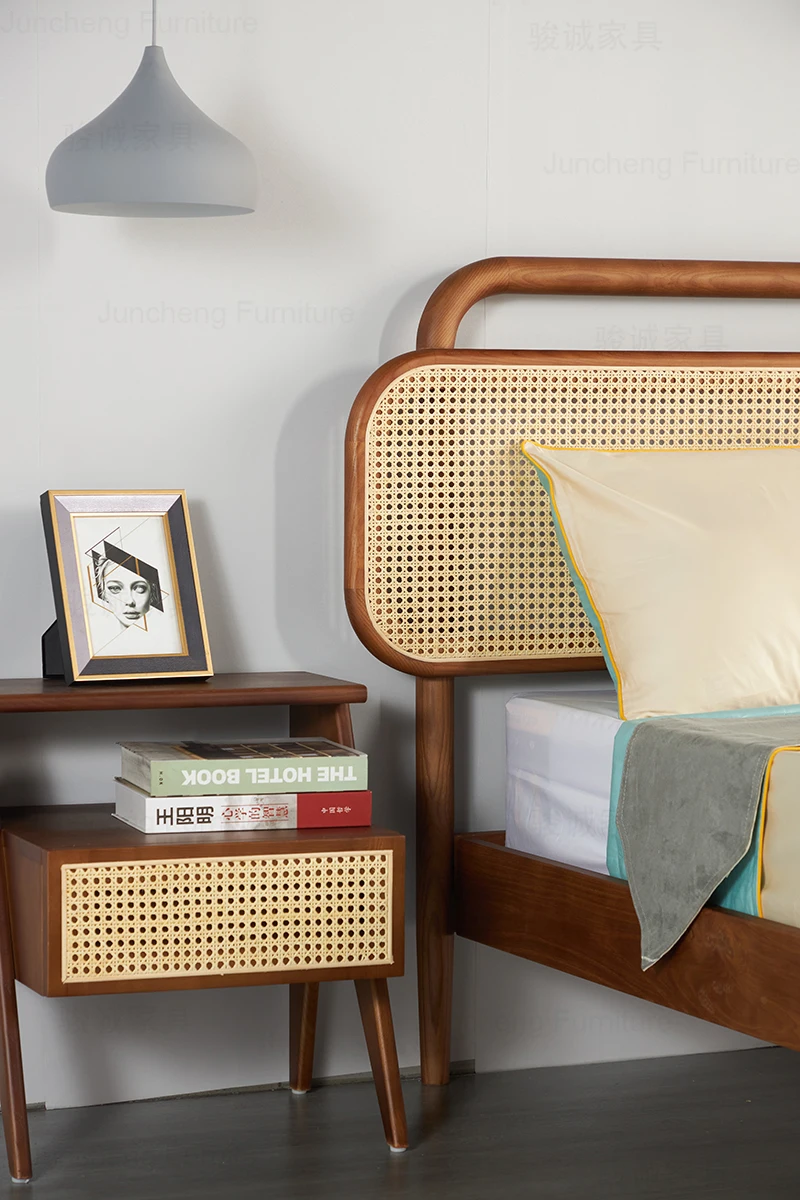 Wholesale Hotel Bedroom Solid Wood Bed Frame Modern Furniture Double Wooden Woven Rattan Cane Beds